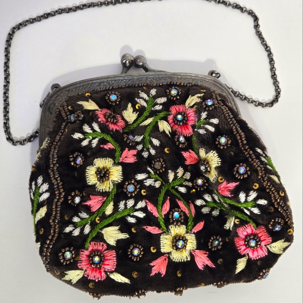 Ananda embroidered beaded antique looking small shoulder purse. Unsure of age.